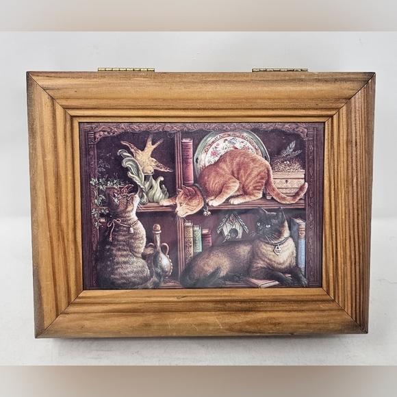 Mischief By Janet Kruskamp Print 3 Cats Handmade Solid Wood Hinged Jewelry Box - Picture 1 of 12